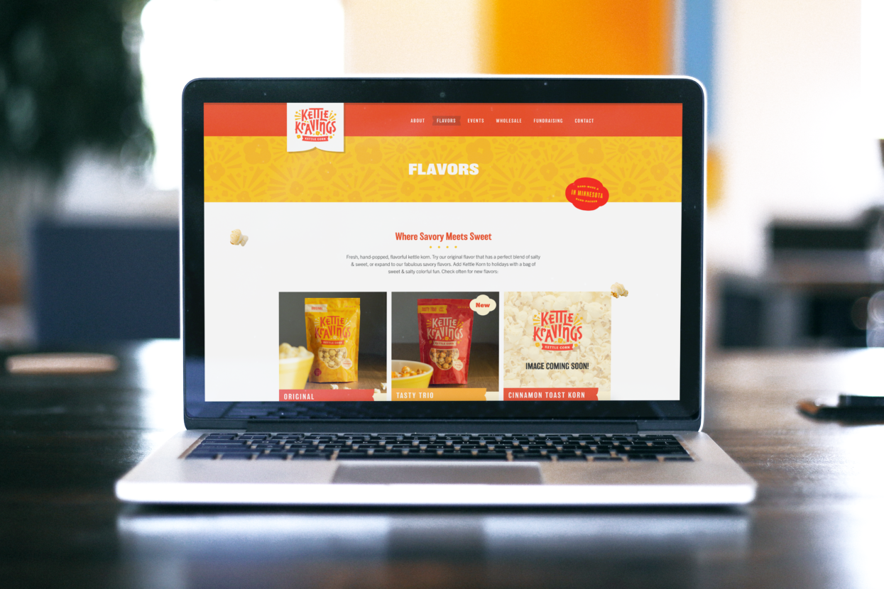 Kettle Kravings Kettle Korn home page of website showcasing the flavors of their kettle corn.