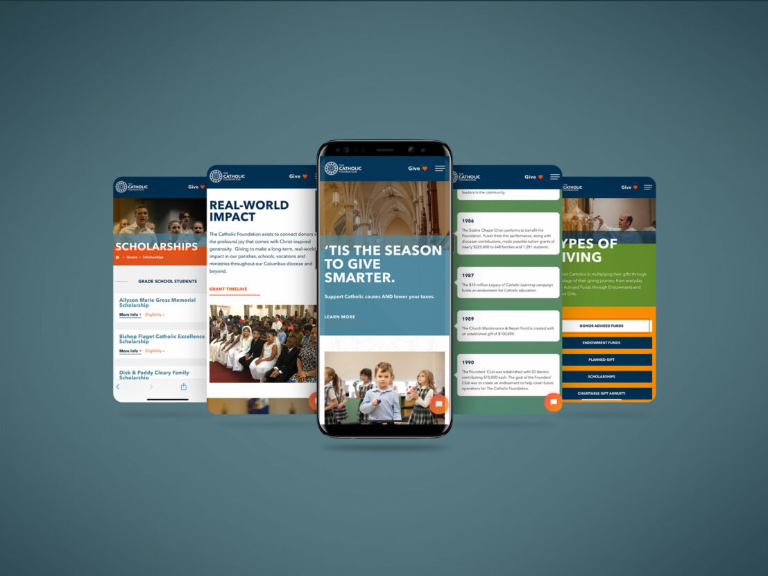 The Catholic Foundation website on mobile devices, custom built by Swim Creative.