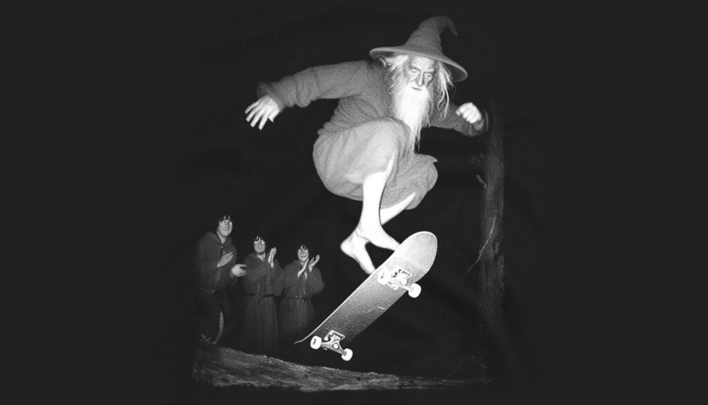 A person dressed as a wizard with a long beard and pointed hat performs a trick on a skateboard at night, while three people in robes watch and clap in the background.